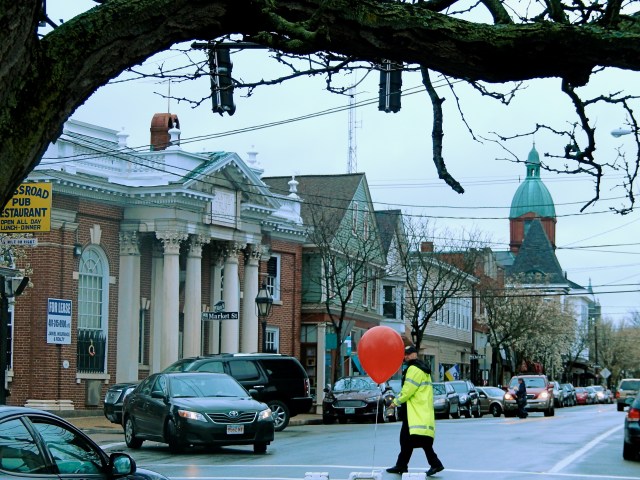 Main Street in Warren at the state preservation agency's conference in the rain. (Photo by David Brussat)