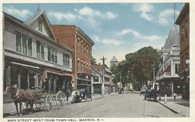 Main Street in Warren, R.I., viewed from Town Hall. (Postcard)