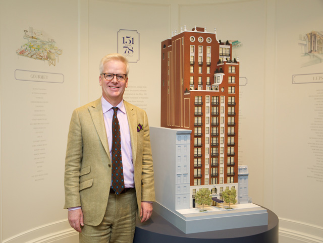 Peter Pennoyer stands next to model of 151 E78th St. (Julie Starrett/YIMBY)