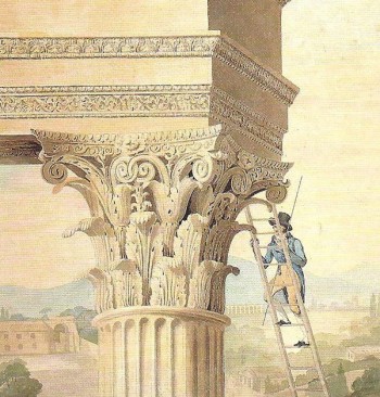 Student measuring the Temple of Castor and Pollux (detail), in Rome, by Henry Parke. (John Soane's Museum, London)