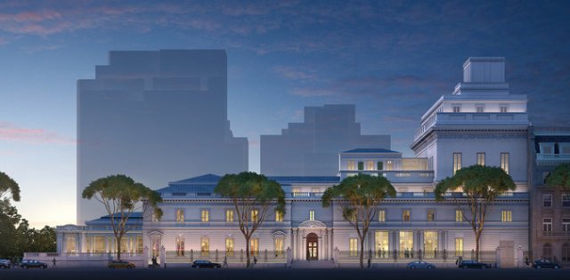 Proposed addition to Frick rises gently from center right of image. (NYT)