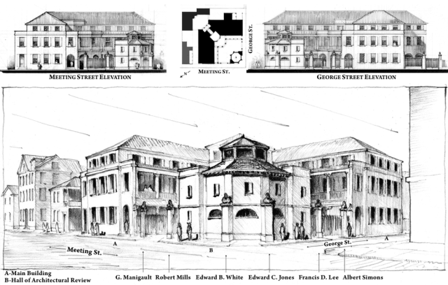 The first of two schemes presented by Bevan &amp; Liberatos as counter proposals to the proposed Clemson building in Charleston.