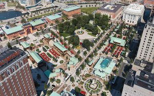 Bird's eye view of Union Studio's design of Kennedy Plaza.