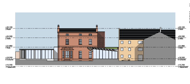 Rear view of Moat Brae with addtions.