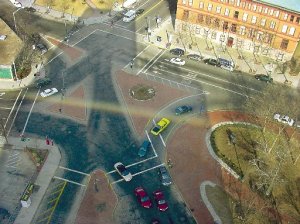 Emmitt Square today, with, clockwise from lower left, Eddy, Fountain, Sabin, West Exchange, Francis, Exchange Terrace and Dorrance streets entering or leaving the "square."