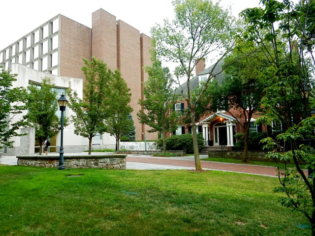 Barus & Holley Hall looms near Hinckley House, right, at Brown University's School of Engineering, in Providence. (Photo by David Brussat)