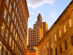 Downtown Providence at dusk. (Photo by David Brussat)