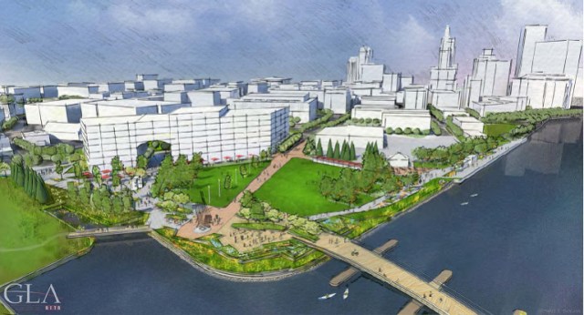 Early rendering of park at west end of pedestrian bridge on vacant Route 195 land. (gcpvd.org)