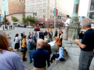 Participants gather at steps of City Hall. (Photo by David Brussat)