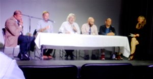 Panel, including Raymond Studley (RIPTA), Buff Chase (Cornish Assoc.), Don Rhodes (RIPTA riders), Chris Ise (City Planning), Cliff Wood (Parks Conservancy) and Anne Tate (RISD). (Photo by David Brussat)