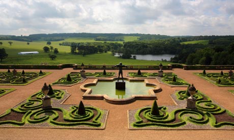 Garden of Harewood House, Leeds, with French style in foreground and British style landscape in background, both by Capability Brown. (theguardian.com)