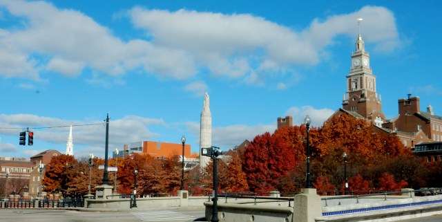 Looking north from across Providence River. Note orangy obtrusion of RISD's Chace Center at left. WWI monument at center is by Phillipe Paul Cret. (Click to enlarge.)