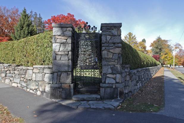 Stone walls and elegant gate at Granoff estate. (providencejournal.com)