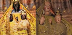 The Black Madonna, before (left) and after. (NYRB)
