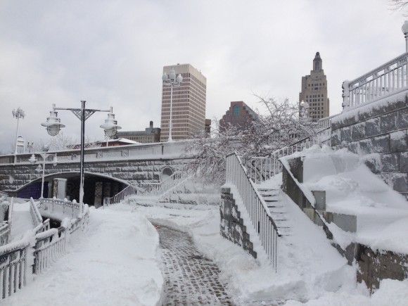Snowy Waterplace in downtown Providence, 2013. (Steven Wright/WPRI)
