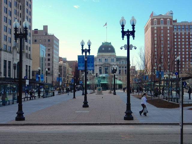 Kennedy Plaza earlier today, after reopening ceremony. (Photo by David Brussat)
