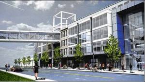 Proposed to rise over site of demolished mill is a mixed-use building near airport. (Integlia Development)