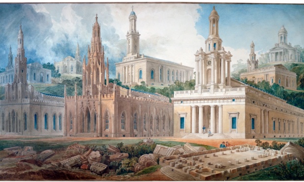 Rendering of several versions of Holy Trinity Church, Marlebone, 1824. (Soane Museum)