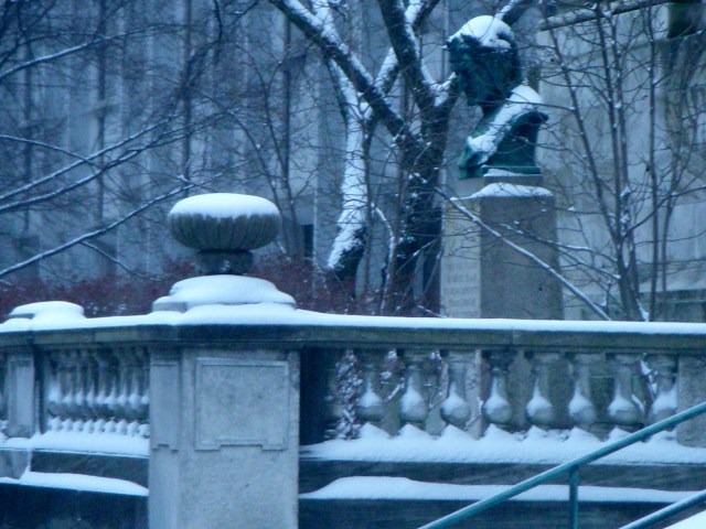 Dante examines balustrade of John Hay Library at Brown University.
