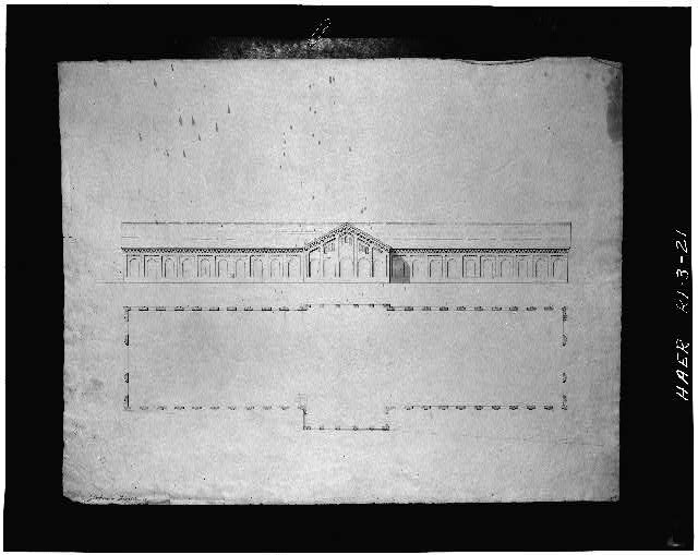 Architectural plan and elevation of North Freight Station, by Thomas Tefft.