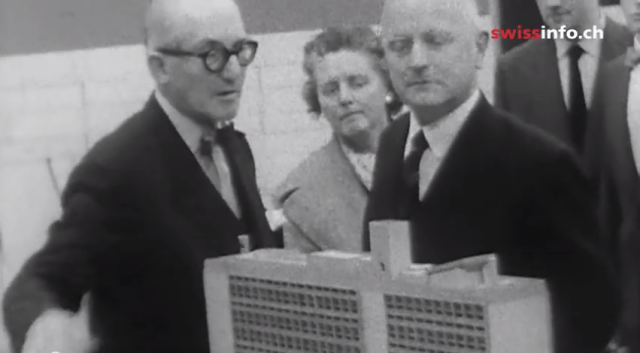 Corbusier promotes new building. (Swiss video)