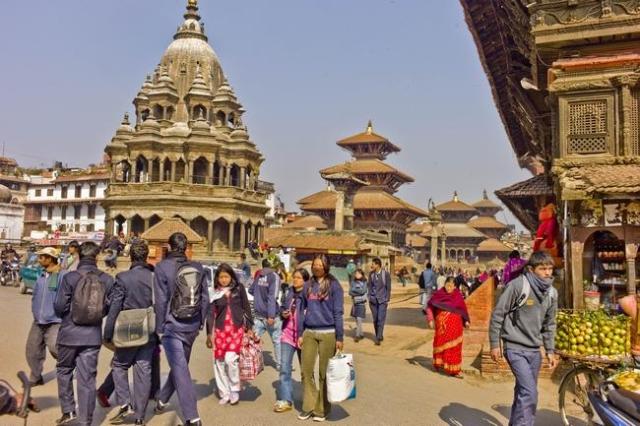 Palaces and temples of Patan's Durbar Marg, one of three royal squares leveled by the earthquake. (Photo by Philip Lieberman; courtesy of The Providence Journal)