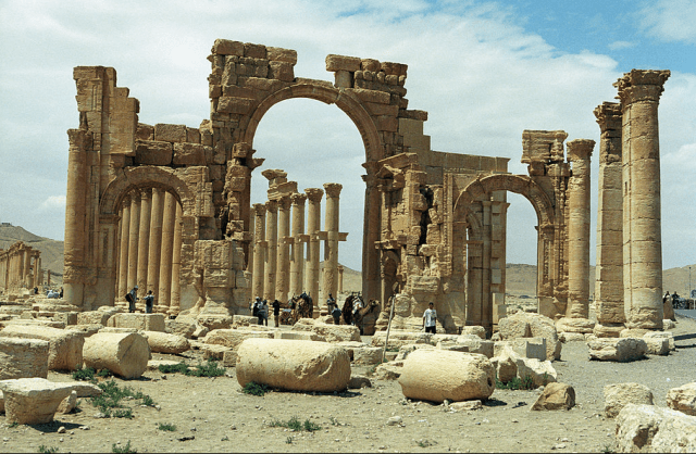 The monumental arch in the eastern section of Palmyra's colonnade. (Wikipedia)
