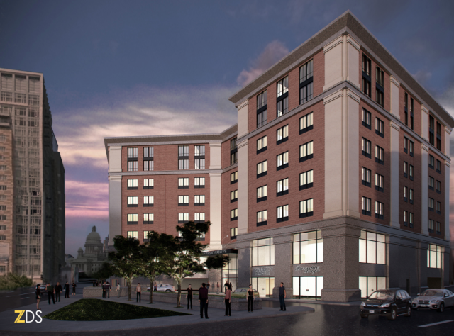 Rendering of hotel as seen from Kennedy Plaza. (ZDS)