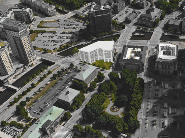 Rendering of hotel as seen from above Burnside Park. (ZDS)