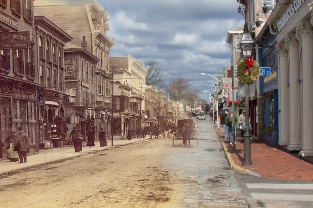 Two sides of Thames Street in two different eras. {From a February exhibit at NHS)
