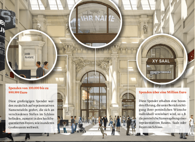 An illustration of opportunities to associate your name with specific architectural elements under construction at the Berliner Schloss. (Berliner ExtraBlatt)