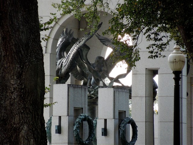 Bronze eagles inside one of two pavilions symbolizing the two main theaters of WWII. (Photos by David Brussat)